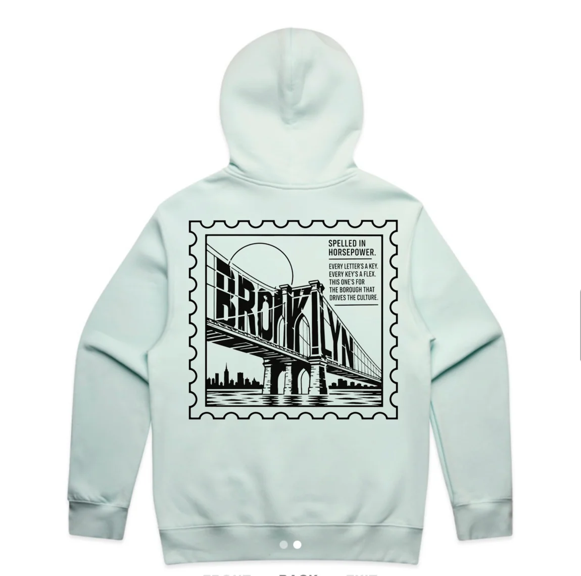 Back of mint hoodie with black Brooklyn Bridge stamp graphic