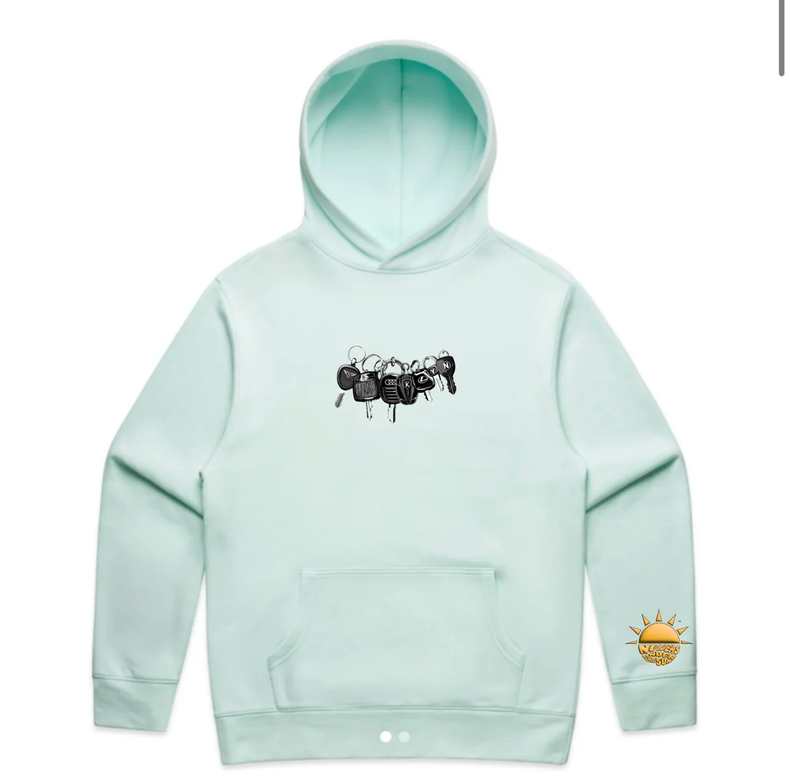 Mint hoodie front with automotive keys artwork and New Ideas Under the Sun sleeve logo