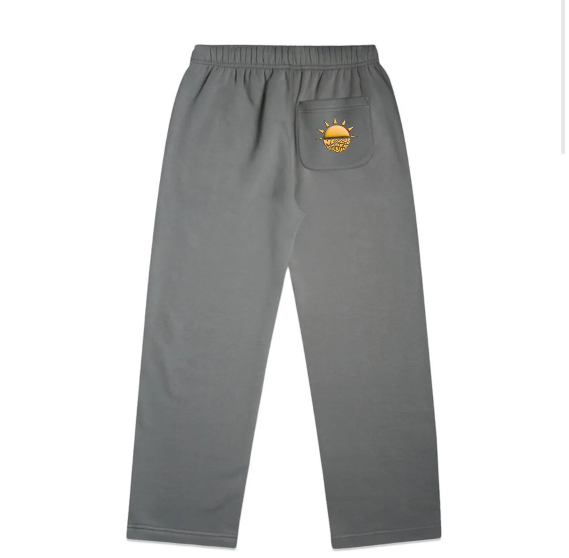 Gray sweatpants back with studio sunrise logo on rear pocket