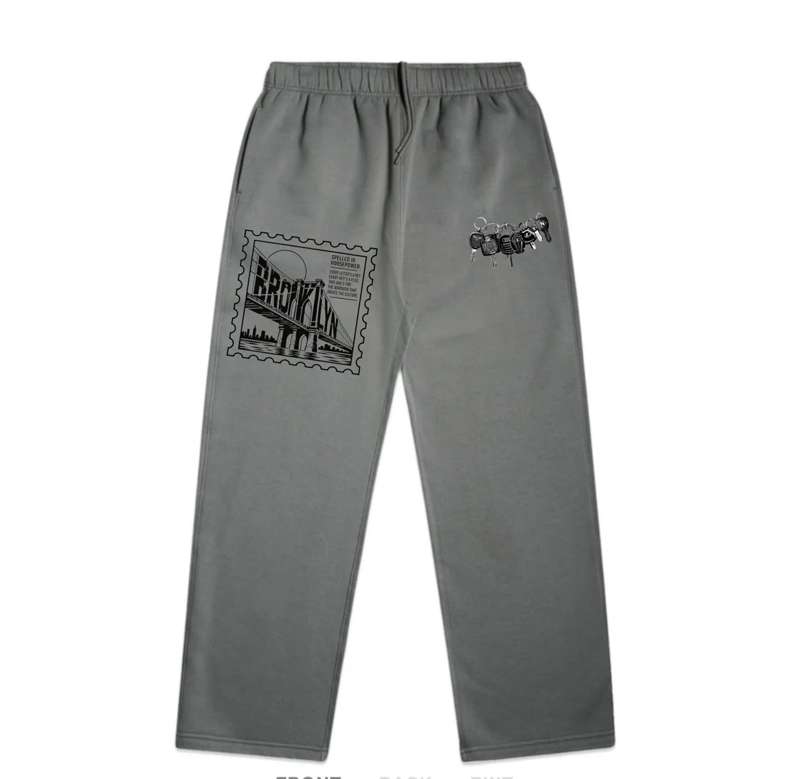 Gray sweatpants front featuring Brooklyn Bridge stamp and automotive keys